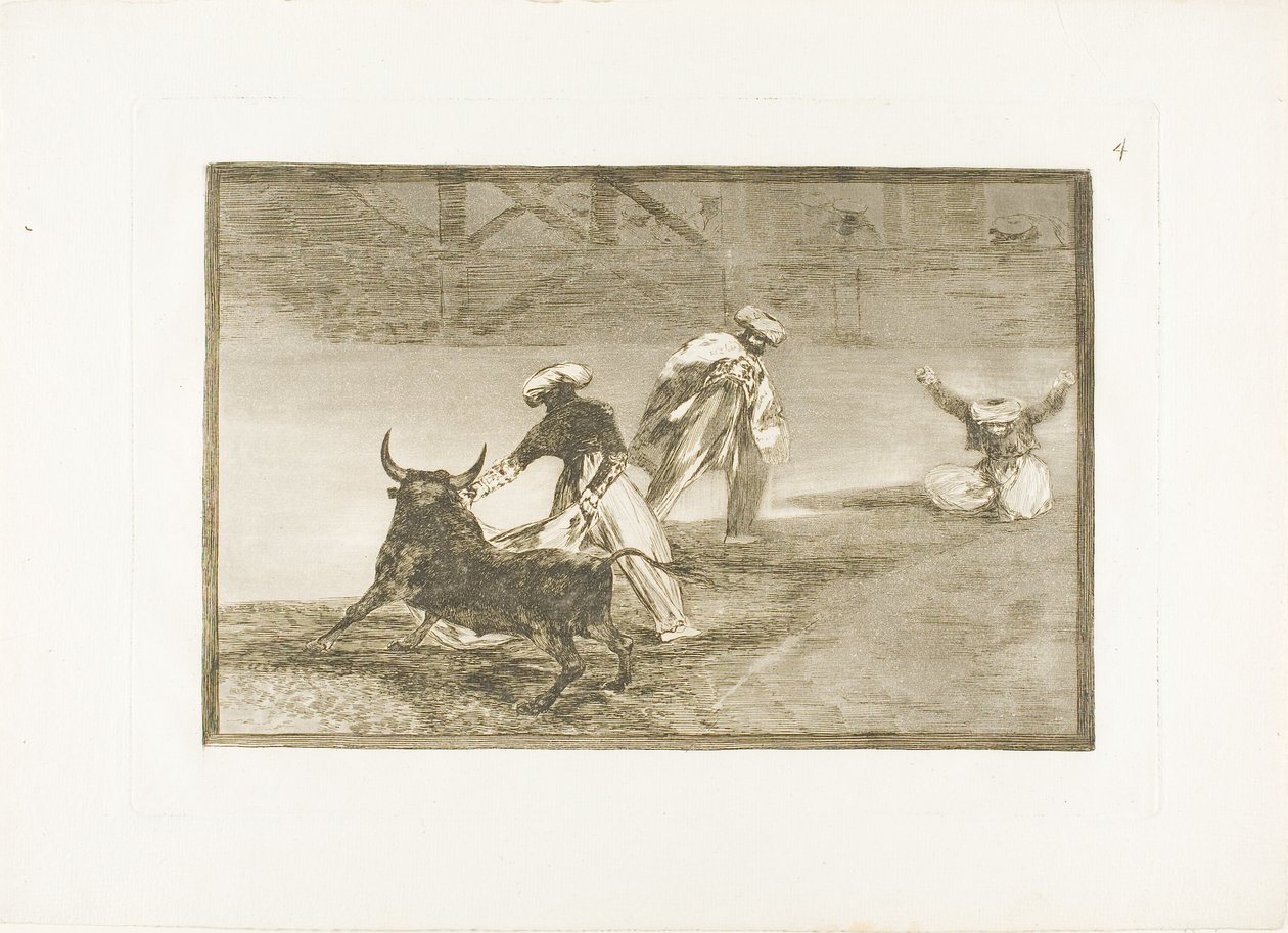 Ze spelen een ander met de cape in een omheining, plaat vier uit De Kunst van het Stierenvechten door Francisco Jose de Goya y Lucientes