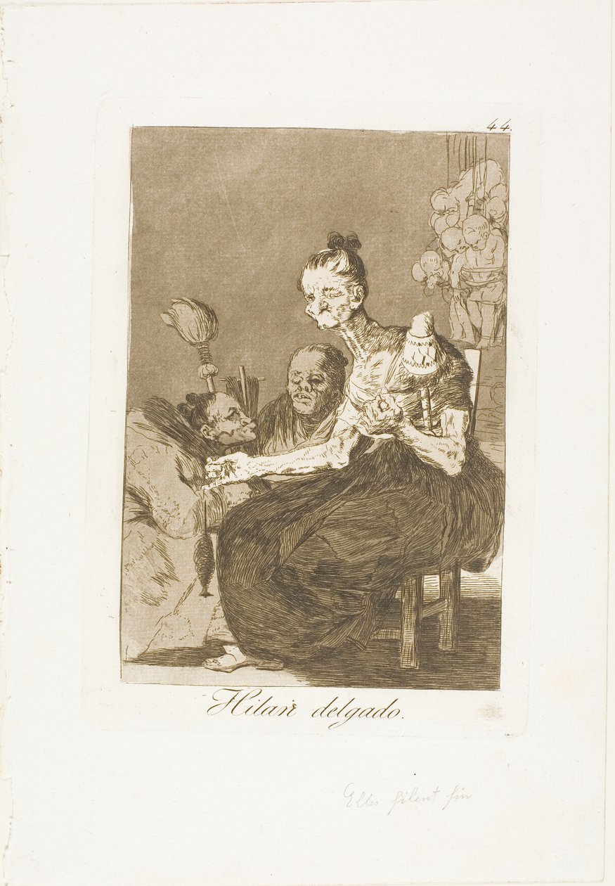 Ze spinnen fijn, plaat 44 uit Los Caprichos door Francisco Jose de Goya y Lucientes