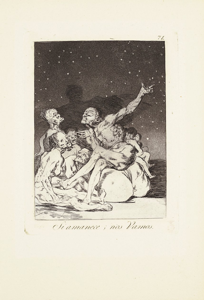 Als de dag aanbreekt, gaan we weg (Si amanece; nos vamos) Plaat 71 uit: Los Caprichos door Francisco Jose de Goya y Lucientes