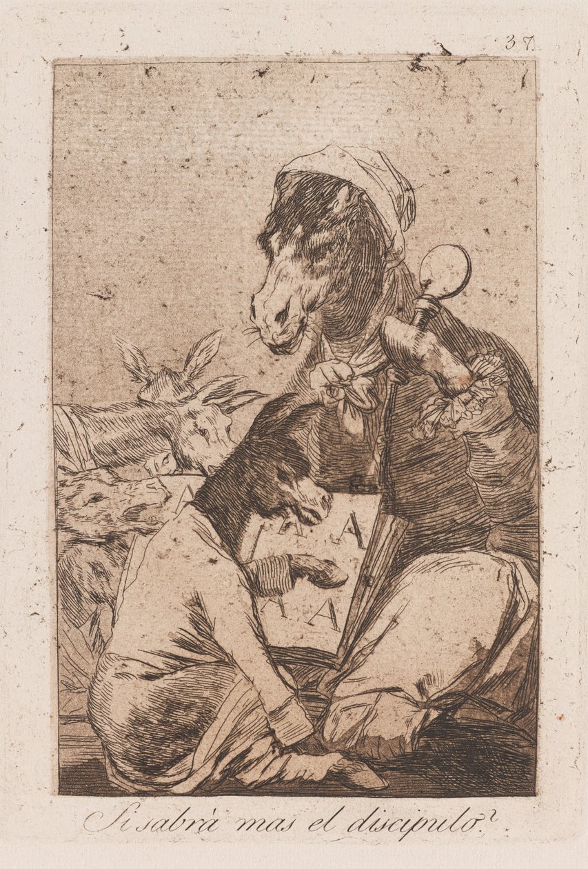 Zal de leerling meer weten dan de meester?, eind 18e-begin 19e eeuw (prent) door Francisco de Goya