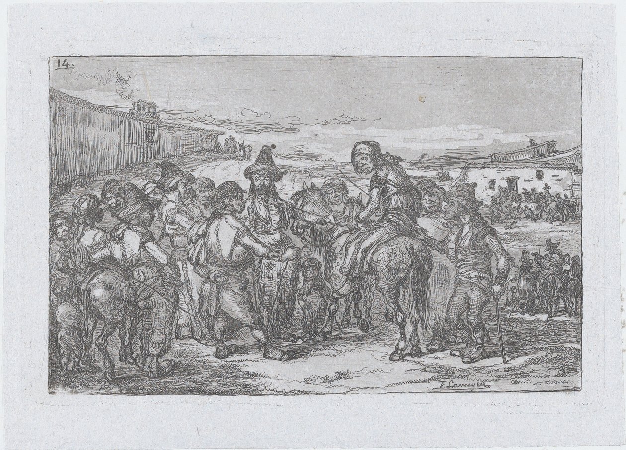 Plaat 14: een grote groep mensen buiten, mogelijk een groep acteurs, uit de serie door Francisco Lameyer Berenguer
