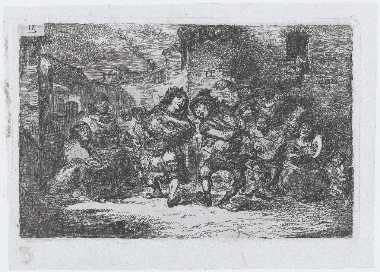 Blad 17: straatmuzikanten en dansende figuren, uit de serie gebruiken en tijdverdrijf door Francisco Lameyer Berenguer