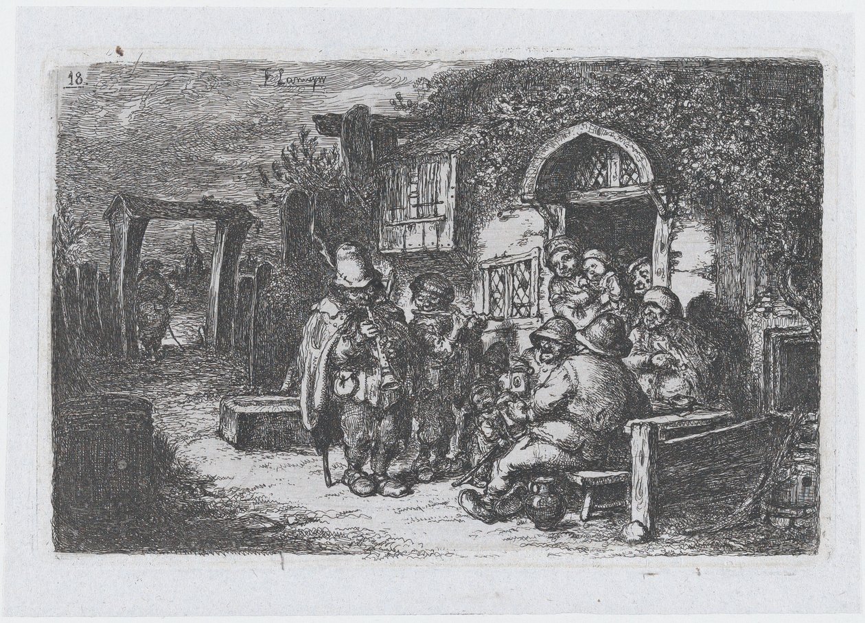 Plaat 18: straatmuzikanten en andere figuren buiten een taverne, uit de serie gebruiken door Francisco Lameyer Berenguer