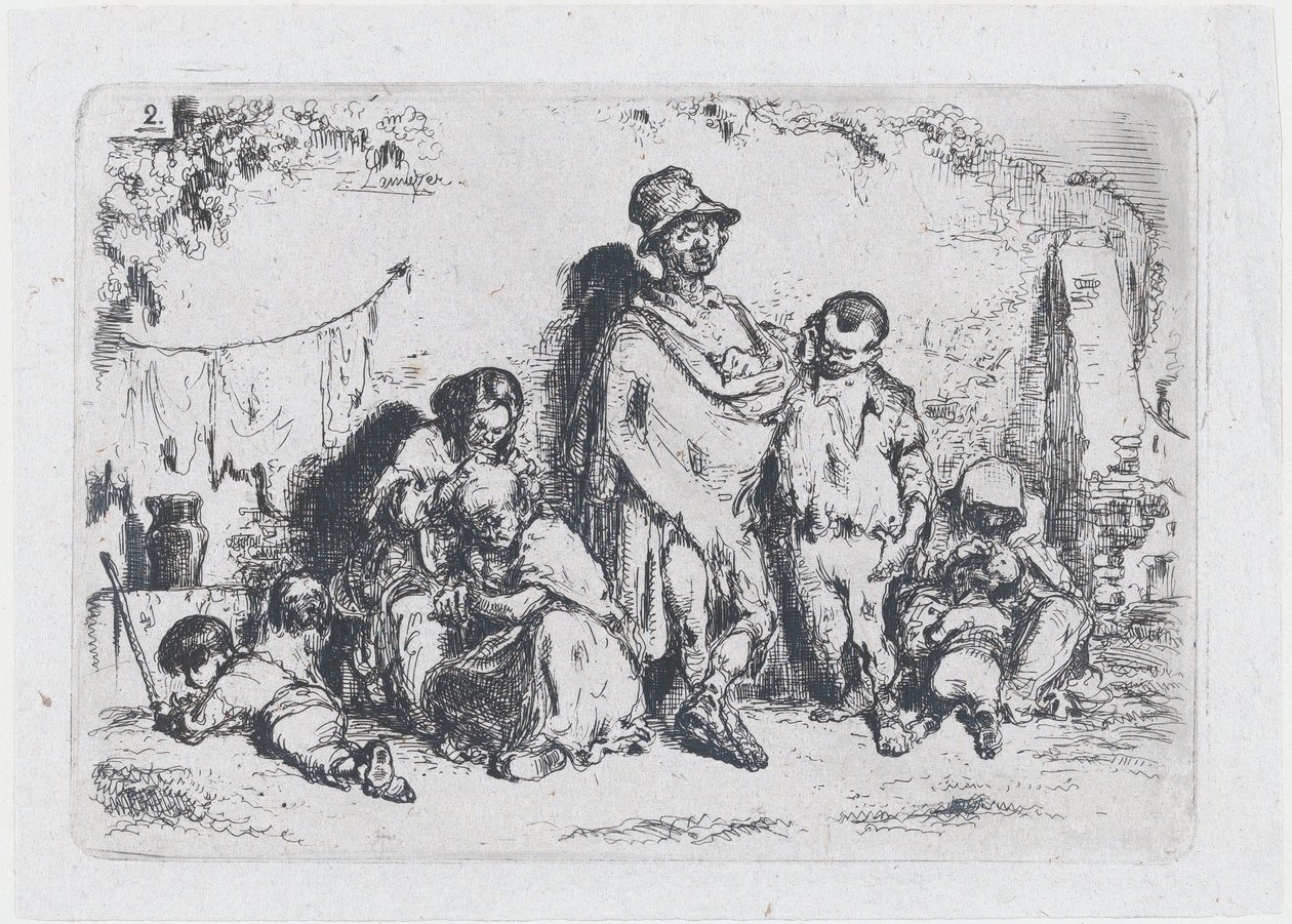 Plaat 2: een groep mensen op straat, mogelijk bedelaars, uit de serie van gebruiken en..., 1850 door Francisco Lameyer Berenguer