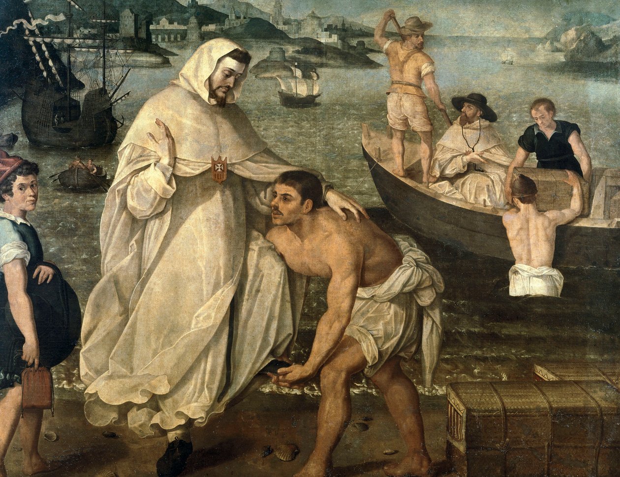 Sint Petrus Nolasque (1189-1256) gaat aan boord om christelijke gijzelaars te bevrijden die door Moorse piraten als slaven naar Afrika worden verkocht (schilderij) door Francisco Pacheco