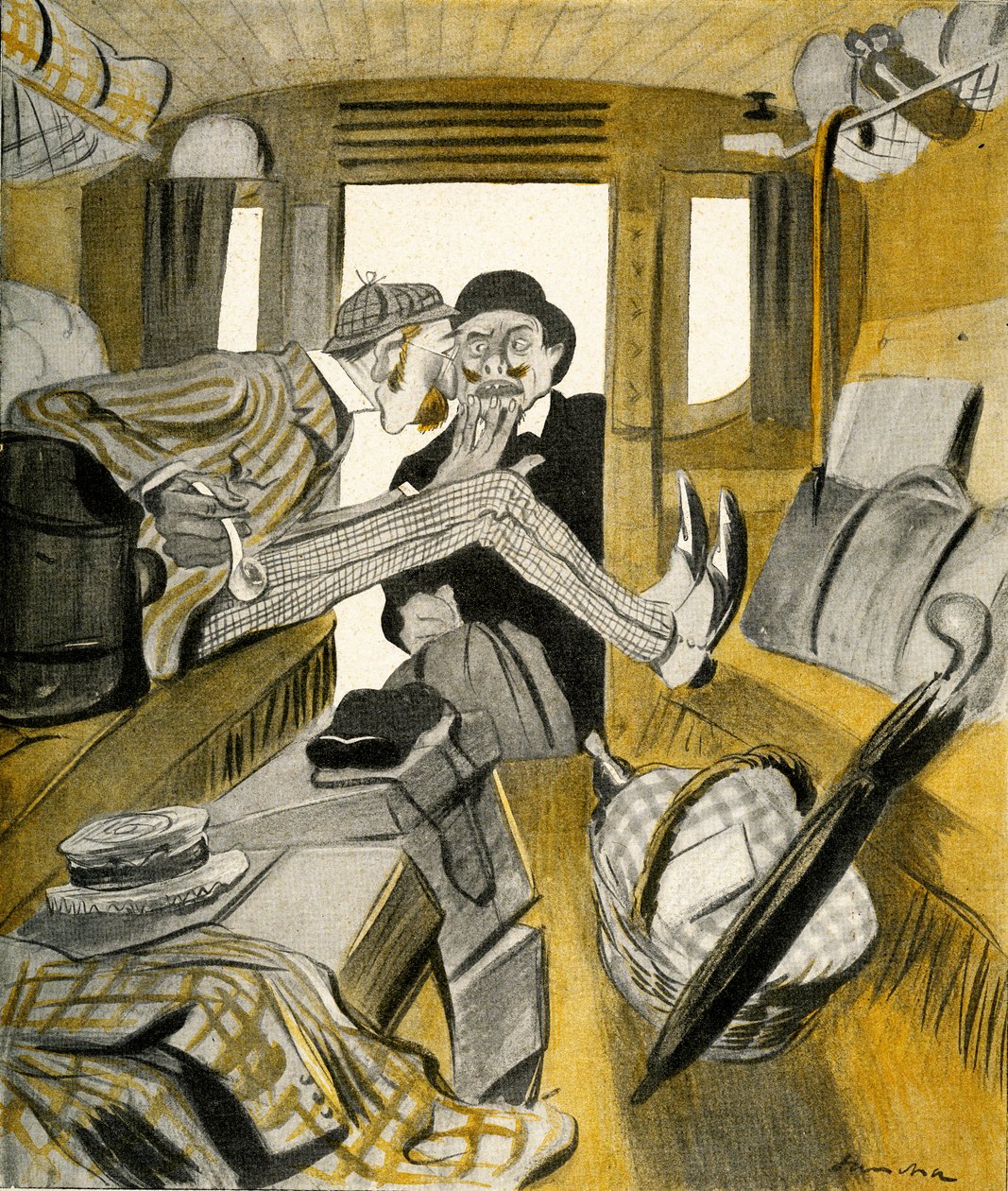 Een Engelsman verhindert een Fransman om op de vrije stoel in de trein te zitten, 1903 door Francisco Sancha y Lengo