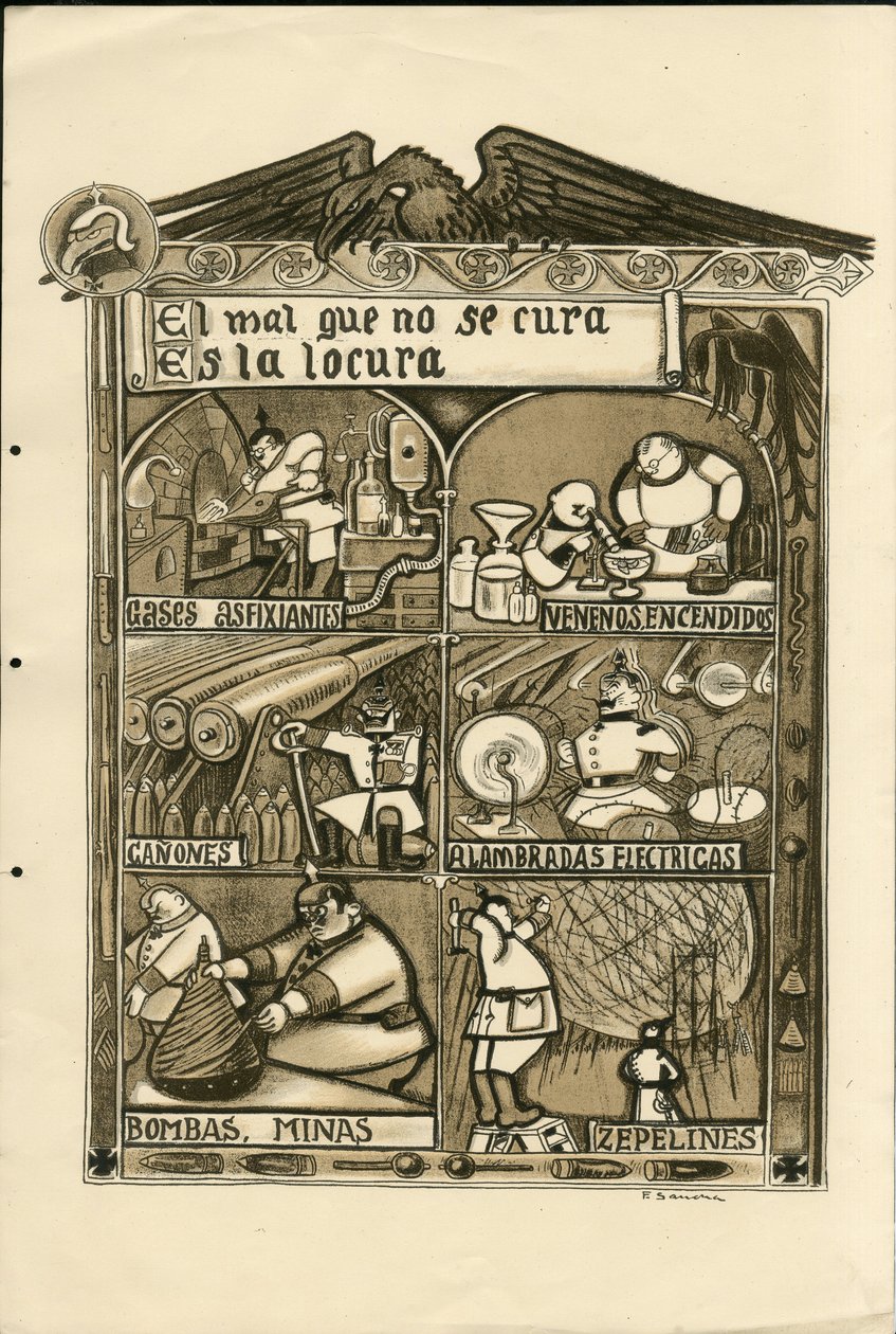 Illustratie door Francisco Sancha Lengo (1874-1936) - Vliegend blad, circa 1915 - El mal que no se cura es la locura - Oorlog van 14-18, Duitsland Pruisen, Verstikkend gas, Spaanse taal, Buitenlandse pers door Francisco Sancha y Lengo