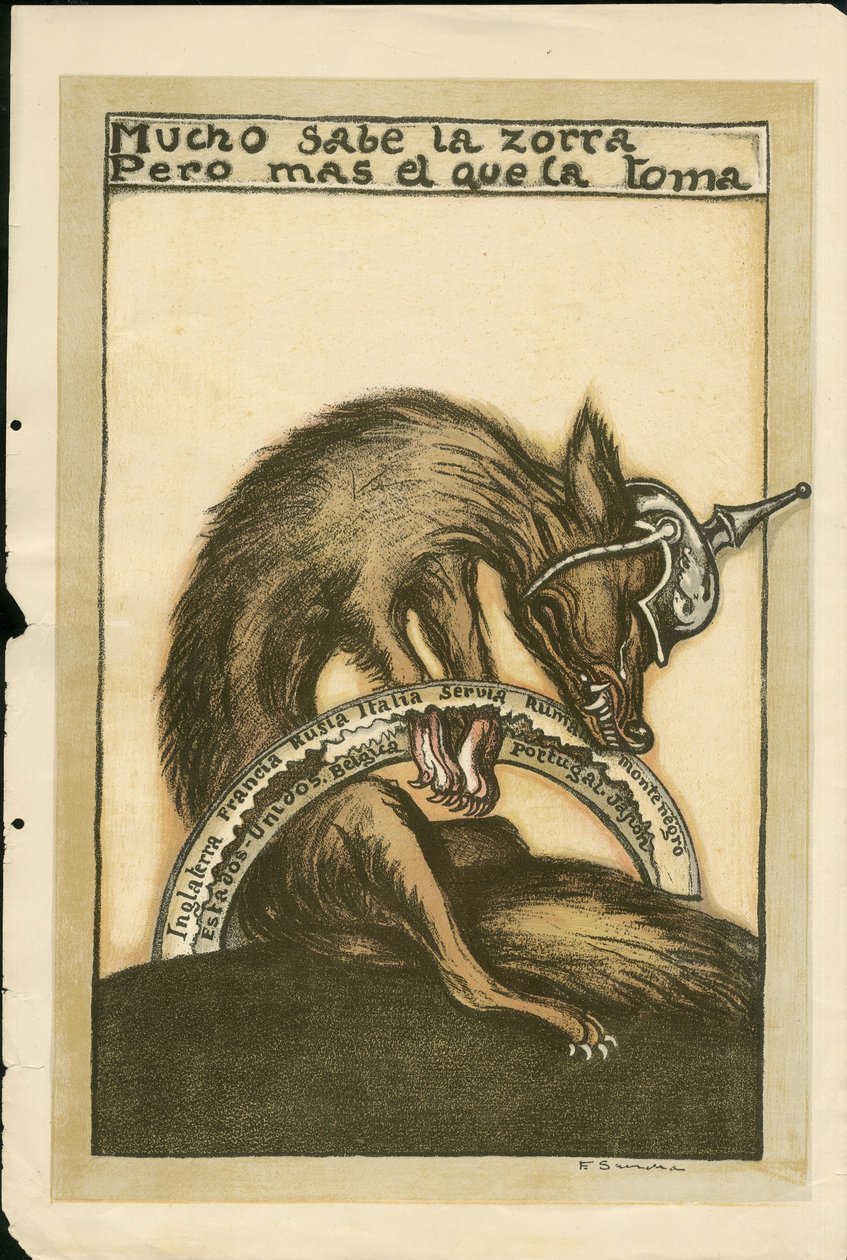 Illustratie van Francisco Sancha Lengo - Vliegend blad, ca. 1915 - Mucho sabe la zorra pero mal el que la toma - Oorlog van 14-18, Duitsland Pruisen, Belligeranten en symbolen, Geallieerden, Spaanse taal, Buitenlandse pers - Vos -, Obstructie, Animatie door Francisco Sancha y Lengo