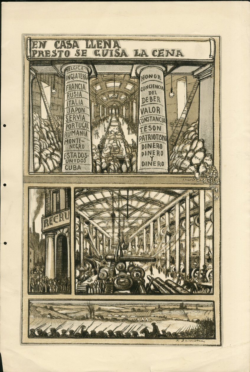Illustratie van Francisco Sancha Lengo - Vliegend blad, circa 1915 - En casa llena presto se guisa la cena - Oorlog van 14-18, Kanonnen, granaten, Industriële fabrieken, Spaanse taal, Mobilisatie, Buitenlandse pers door Francisco Sancha y Lengo