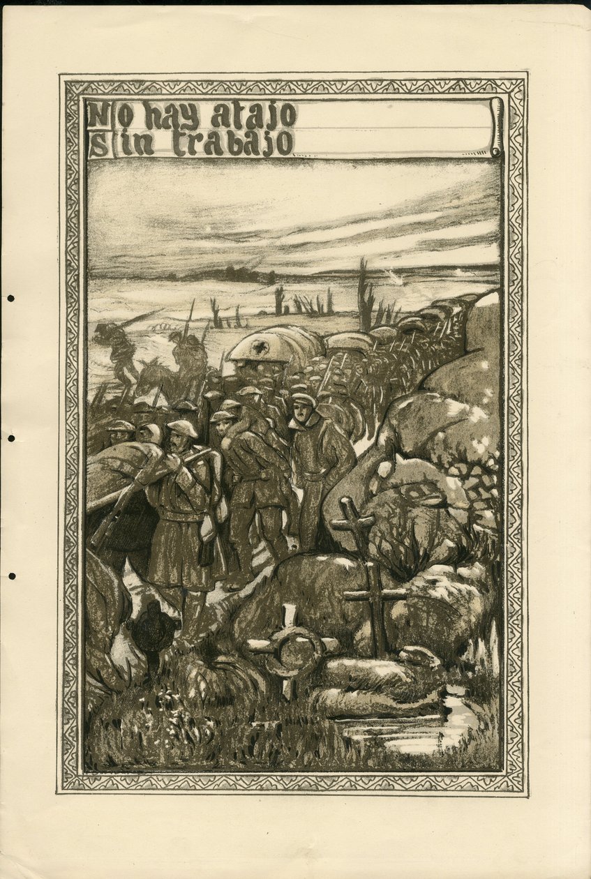 Illustratie van Francisco Sancha Lengo - Vliegend blad, circa 1915 - No hay atajo sin trabajo - Oorlog van 14-18, Loopgraven, Spaanse taal, Buitenlandse pers - Gevangenen door Francisco Sancha y Lengo