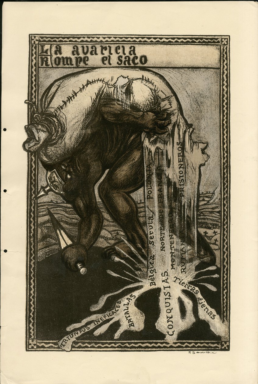 Illustratie van Francisco Sancha Lengo (1874-1936) - Vliegend blad, circa 1915 - Oorlog van 14-18, Duitsland Pruisen, Zilver, Strijders en symbolen, Spaanse taal, Buitenlandse pers door Francisco Sancha y Lengo