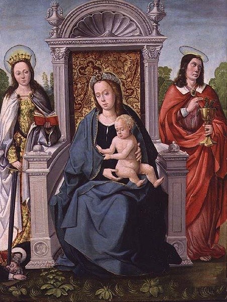 Madonna en kind met St. Catherine en St. Johannes de Evangelist, ca. 1530-40 door Francisco de (attr. to) Comontes