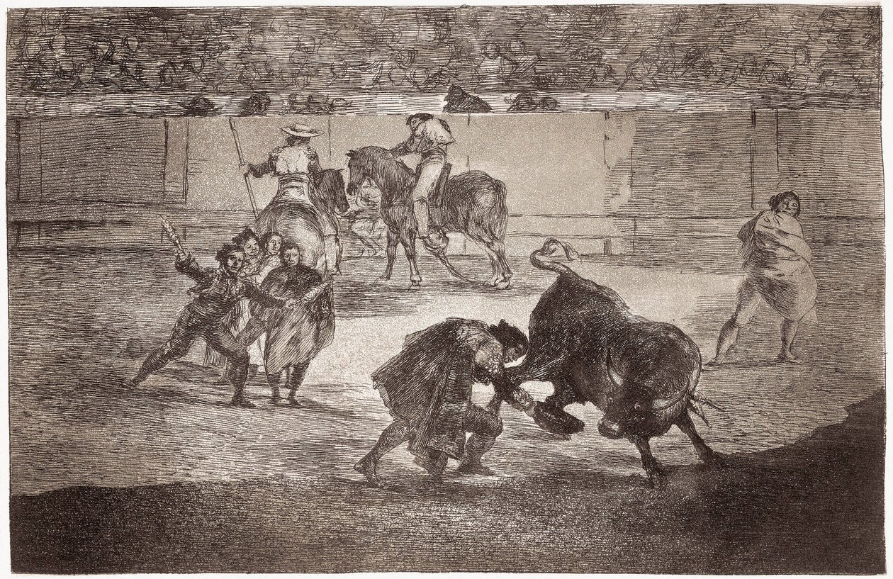 Stierenvechten: een stierenvechter betreedt de arena om de stier te doden met een hoed in plaats van de muleta door Francisco de Goya