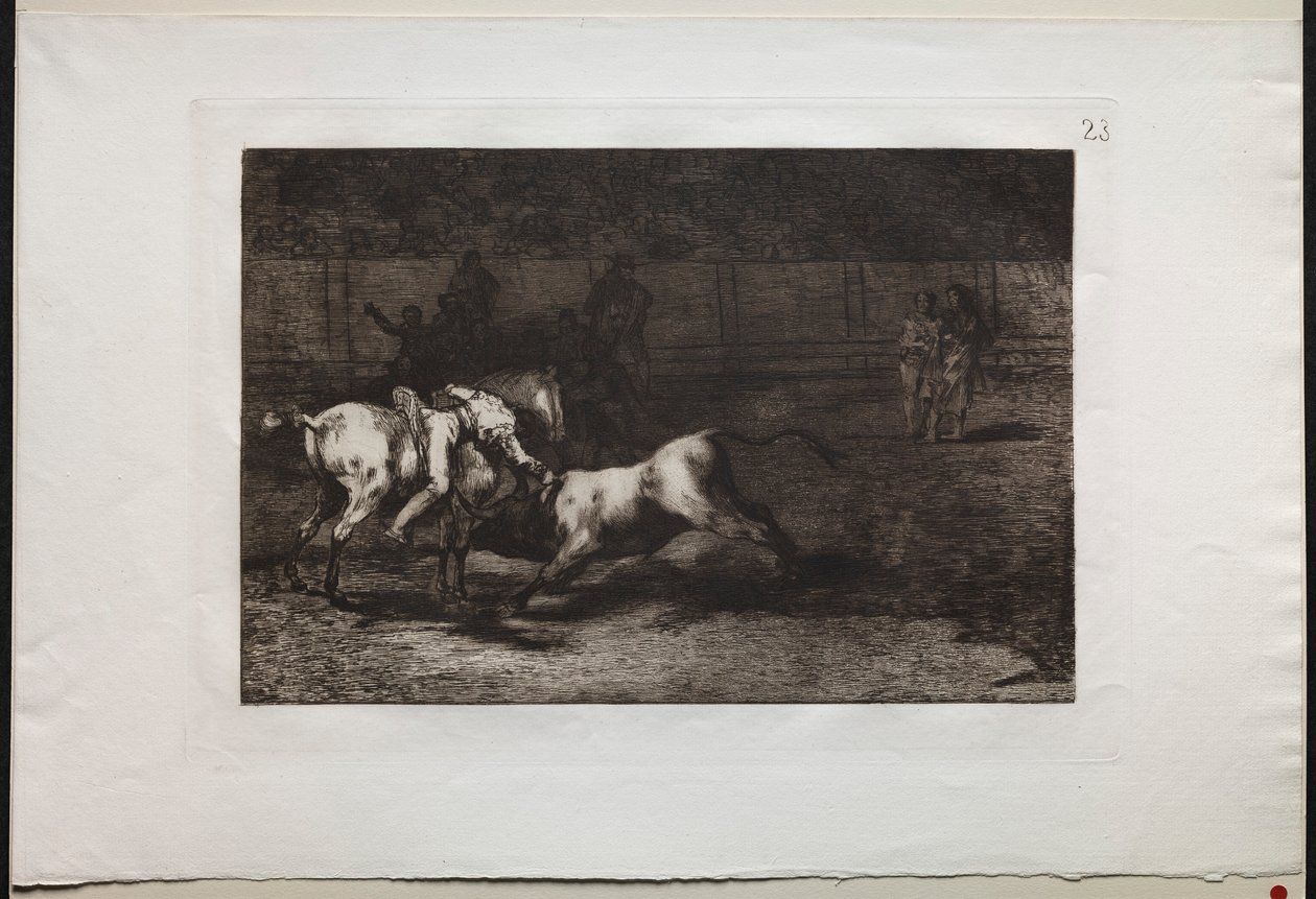 Stierengevechten: Mariano Ceballos, alias de Indiaan, doodt de stier vanaf zijn paard, 1876 door Francisco de Goya