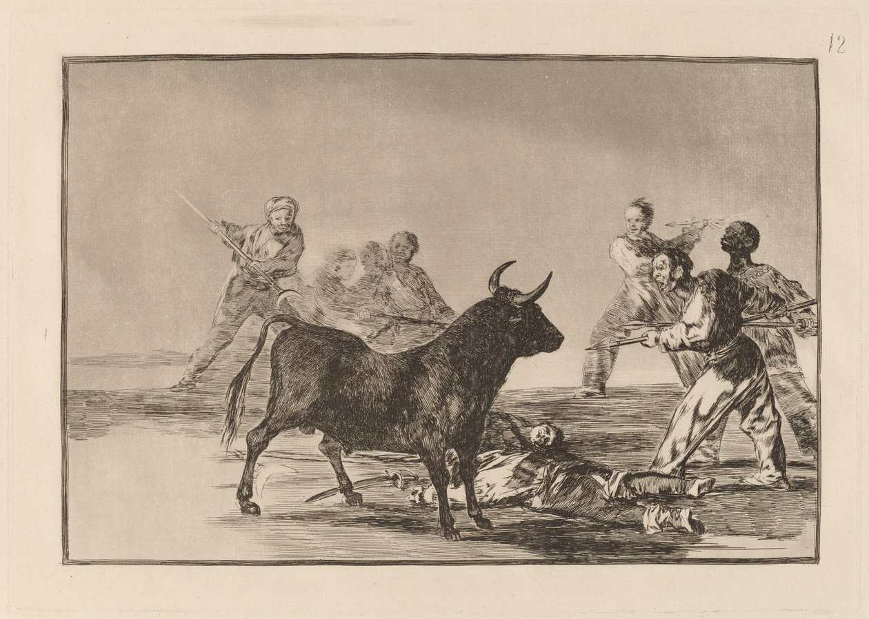 Desjarrete de la canalla con lanzas, medias-lunas, banderillas y otras armas door Francisco de Goya