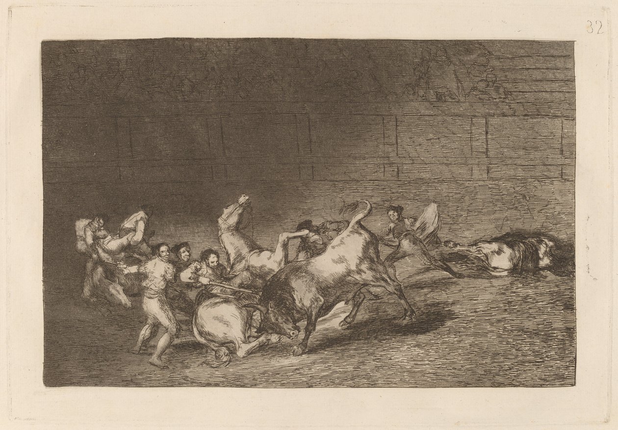 Dos grupos de picadores arrollados de seguida por un solo toro door Francisco de Goya