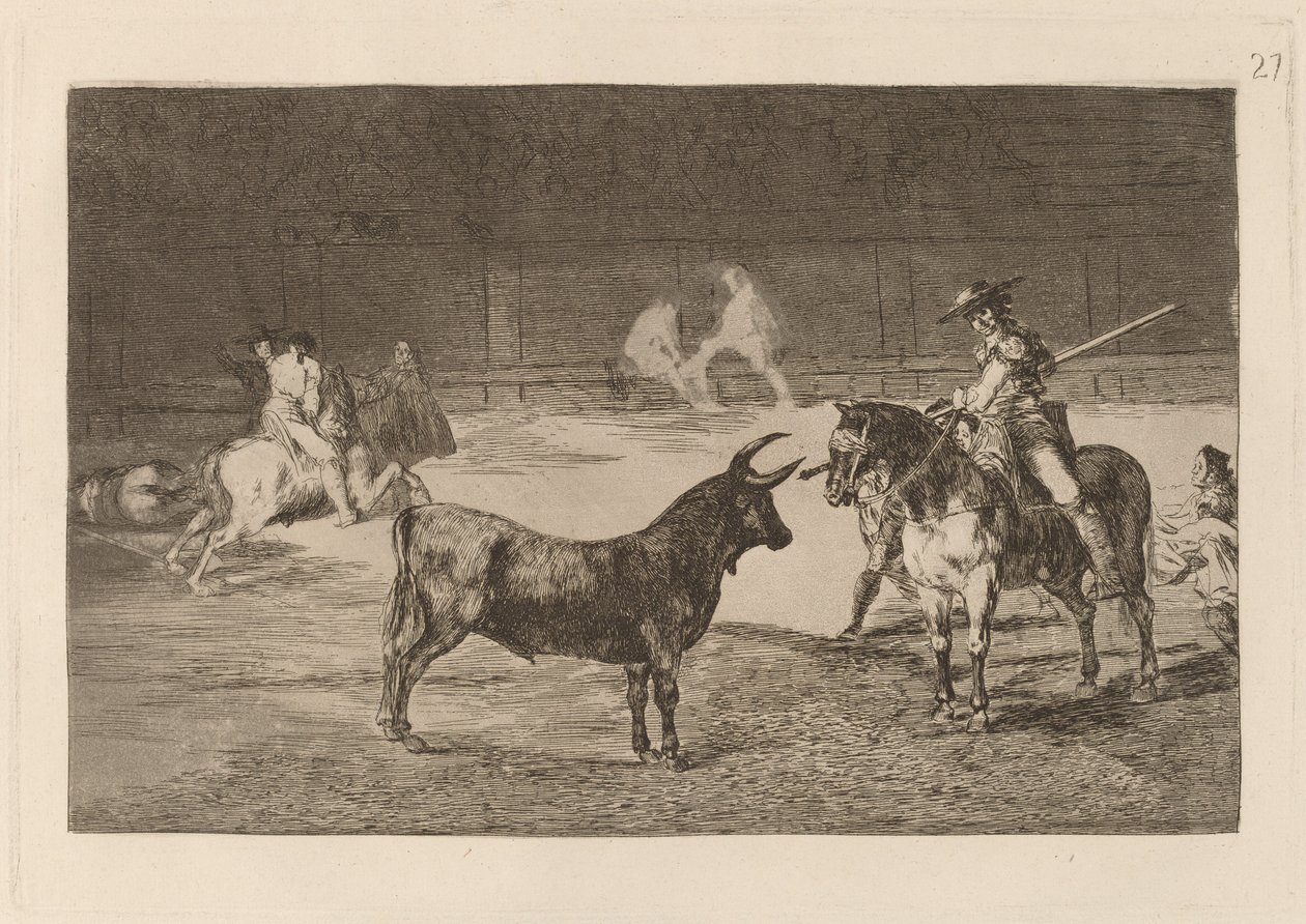 El celebre Fernando del Toro, barilarguero, obligando a la fiera con su garrocha door Francisco de Goya