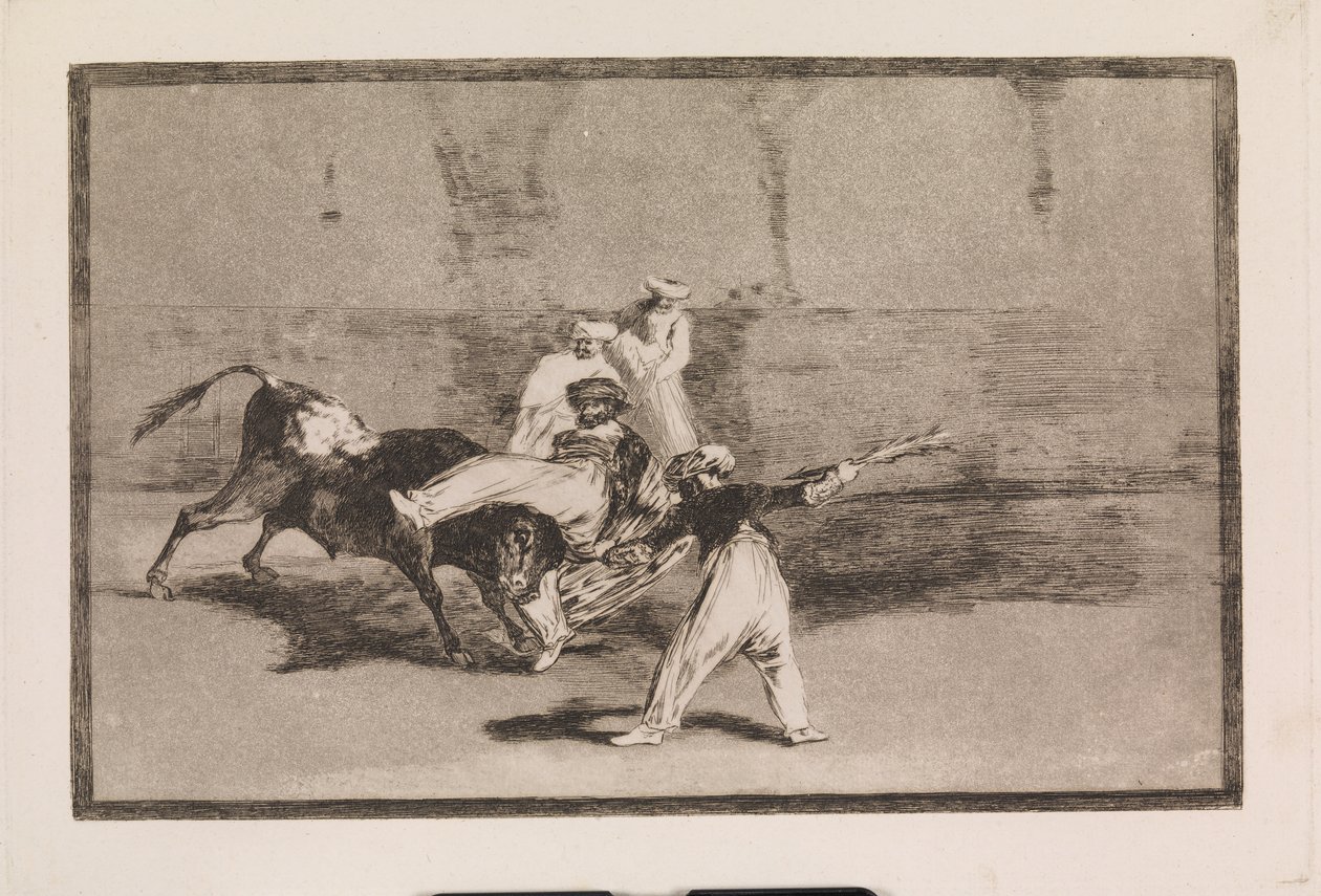 Een Moor gevangen door de stier in de arena door Francisco de Goya
