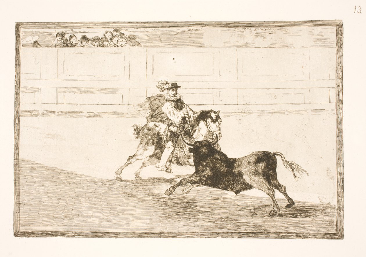 Een Spaanse ruiter in de arena breekt kleine speren zonder hulp van assistenten door Francisco de Goya