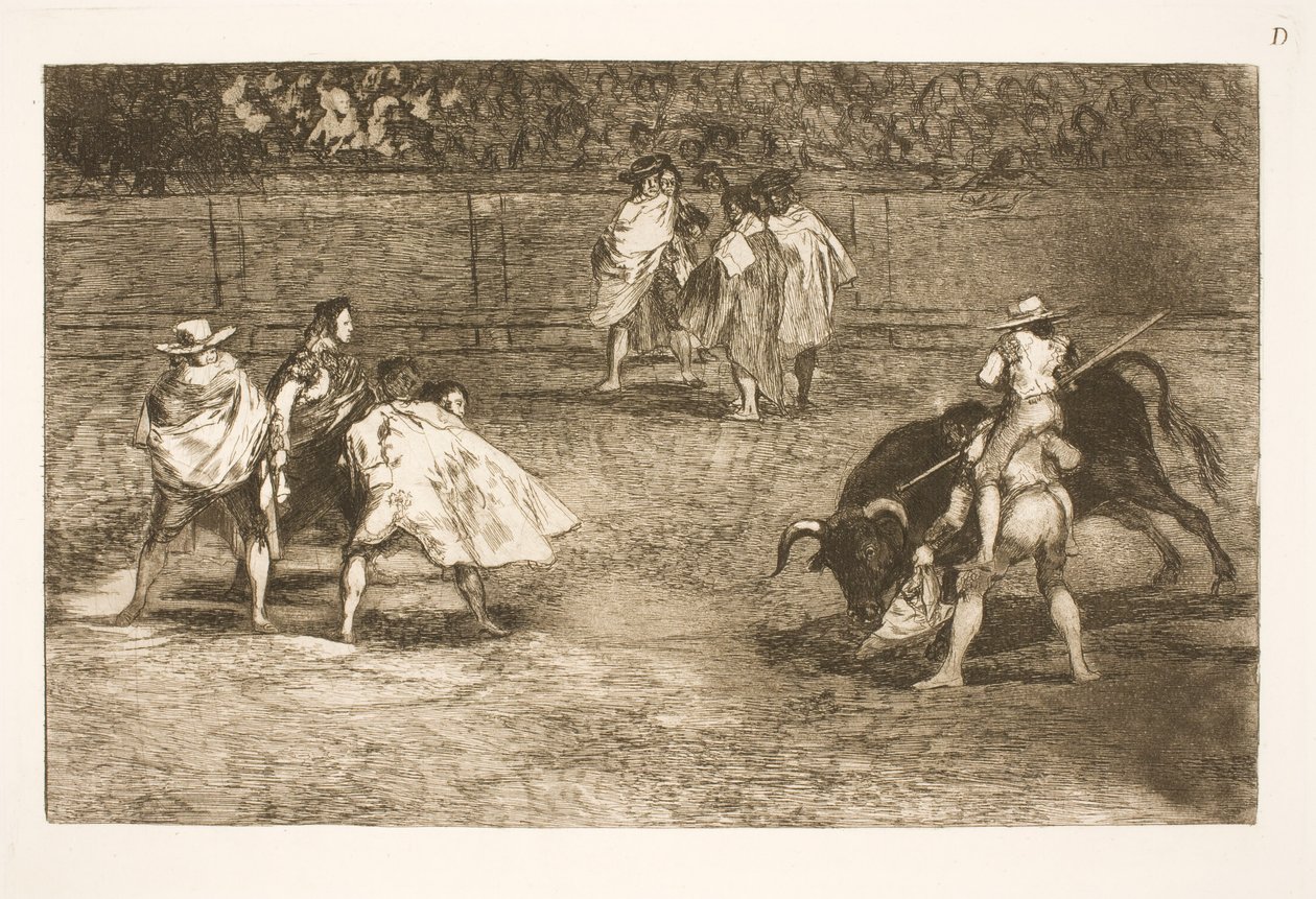 Een stierenvechter, zittend op de schouders van een helper, steekt een stier door Francisco de Goya