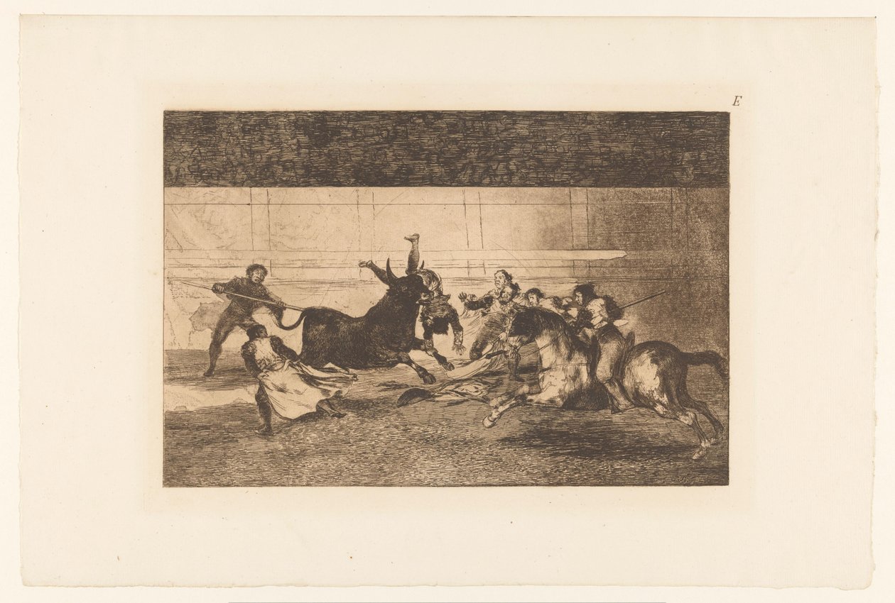 Man gespiest aan de hoorn van een stier door Francisco de Goya