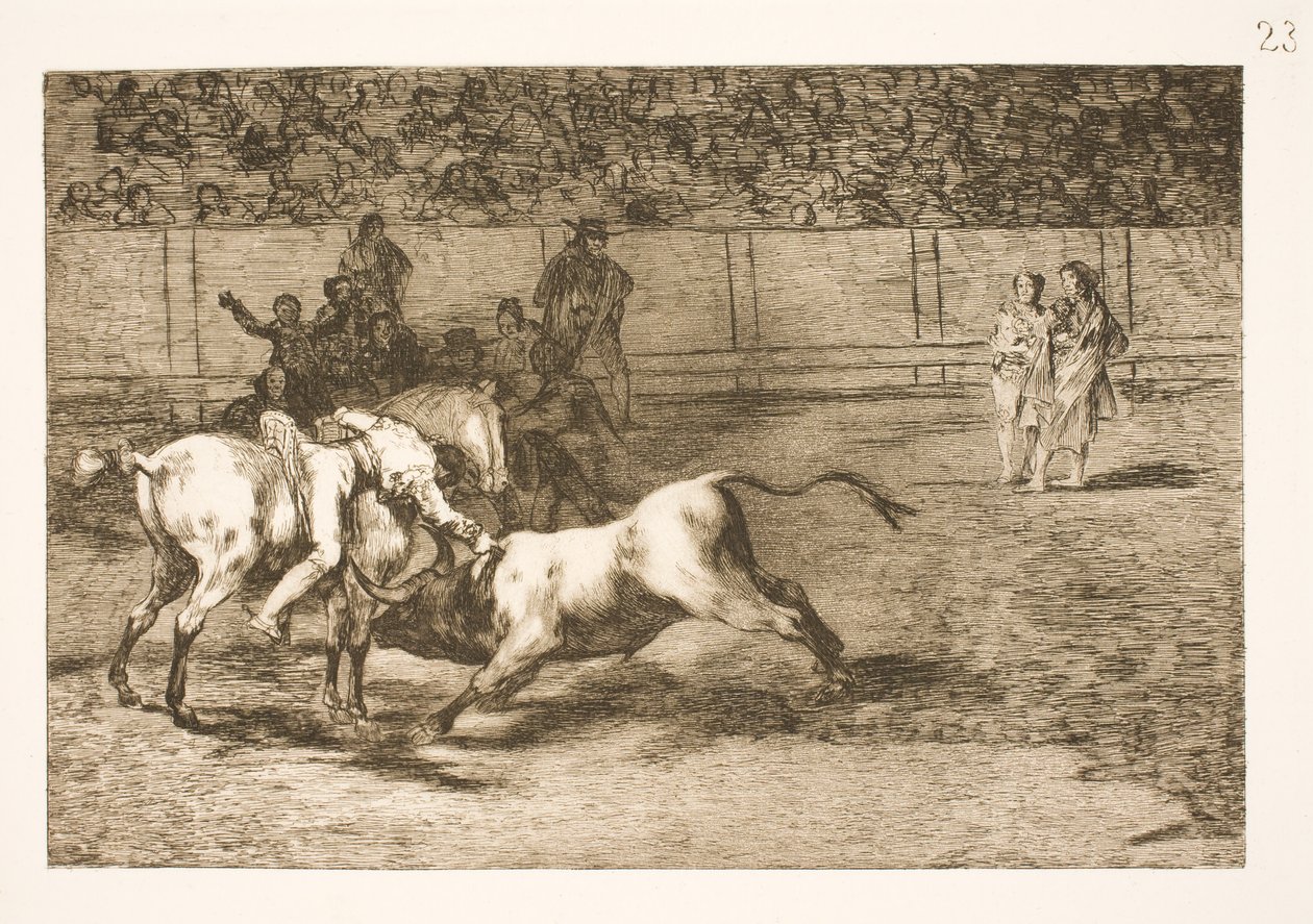 Maria Ceballas, ook wel de indiaan genoemd, doodt de stier vanaf haar paard door Francisco de Goya