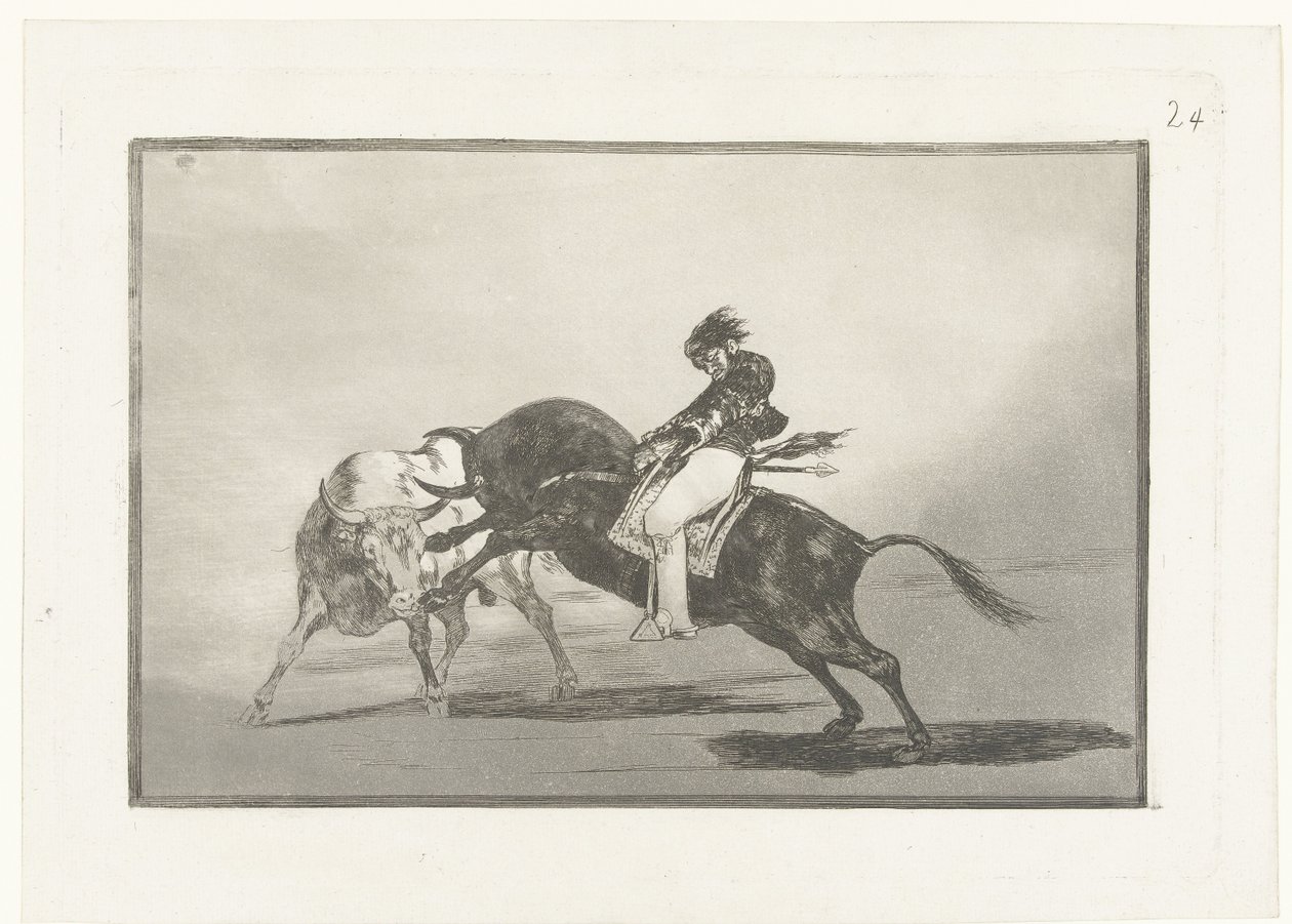 Mariano Ceballos rijdend op een stier door Francisco de Goya