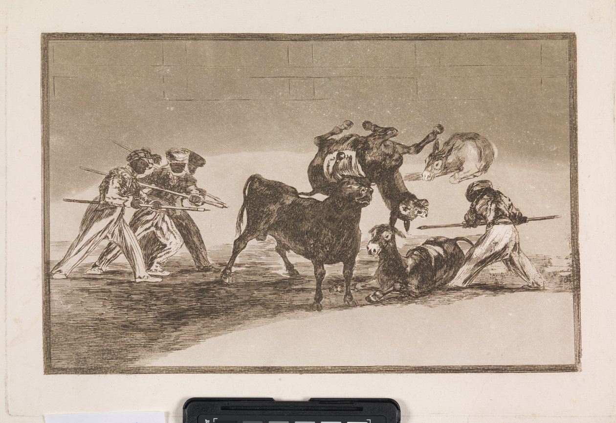 De Moren gebruiken ezels als barrière om zich te verdedigen tegen de stier, wiens hoorns zijn voorzien van ballen door Francisco de Goya