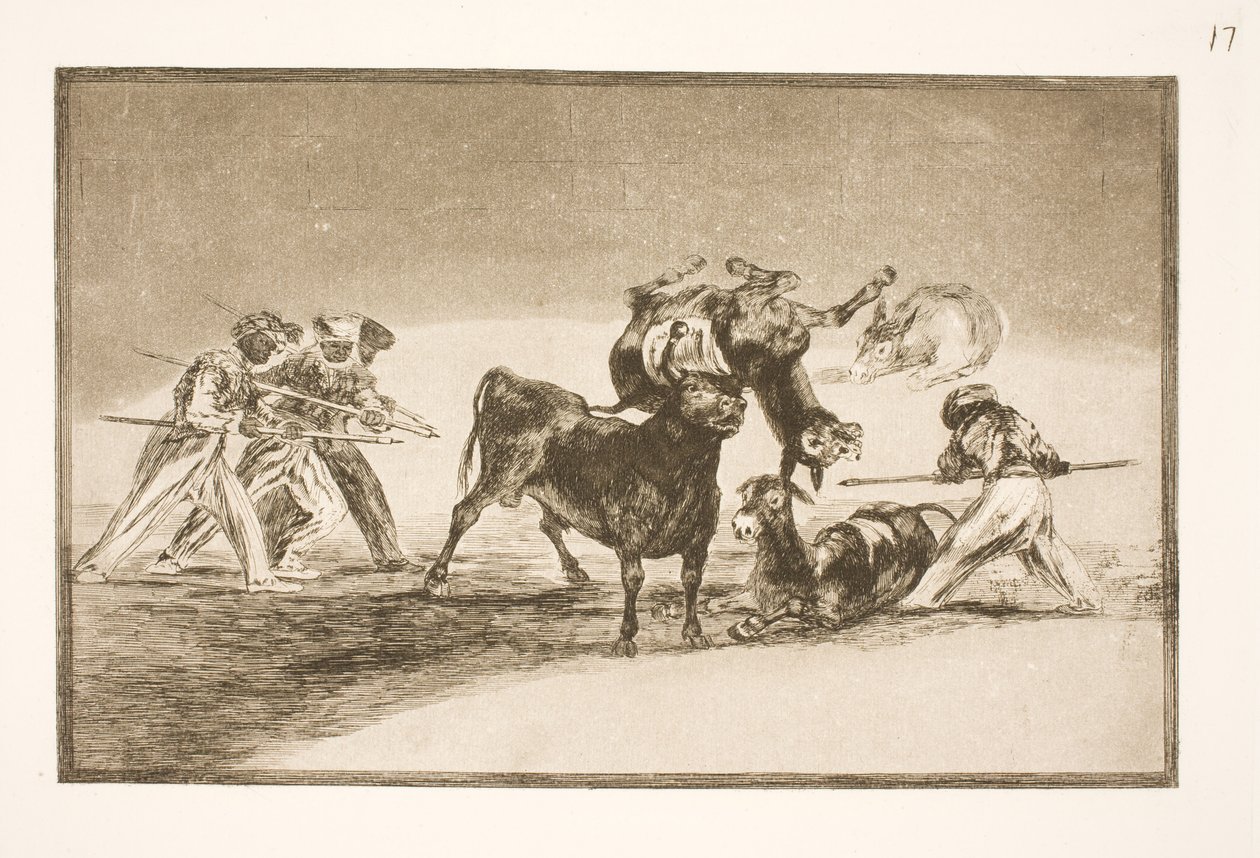 De Moren gebruiken ezels als barrière om zich te verdedigen tegen de stier, waarvan de hoorns zijn voorzien van ballen door Francisco de Goya