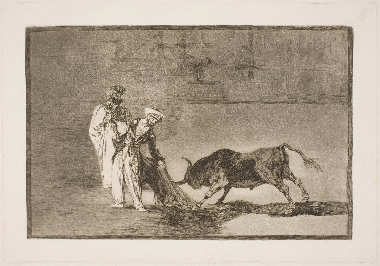 Moren in de arena proberen de stier aan te trekken met hun burnus door Francisco de Goya