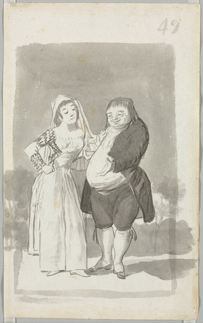 Prostituee die een Dikke, Lelijke Man Verleidt (recto) door Francisco de Goya