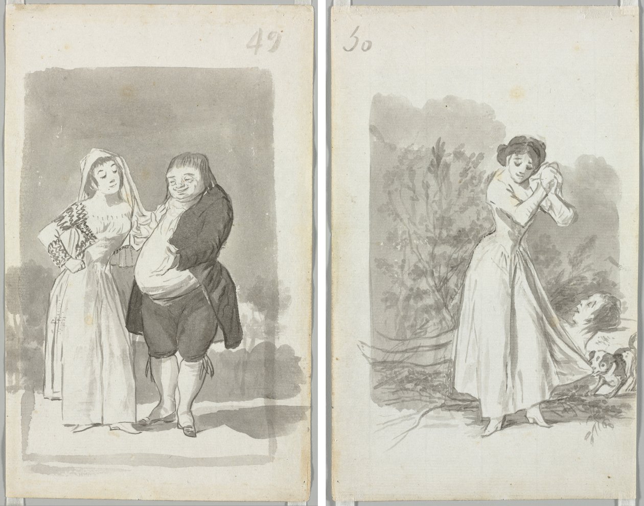Prostituee die een Dikke, Lelijke Man Verleidt (recto); Jonge Vrouw die Haar Handen Wringt boven het Naakte Lichaam van een Man (verso) door Francisco de Goya