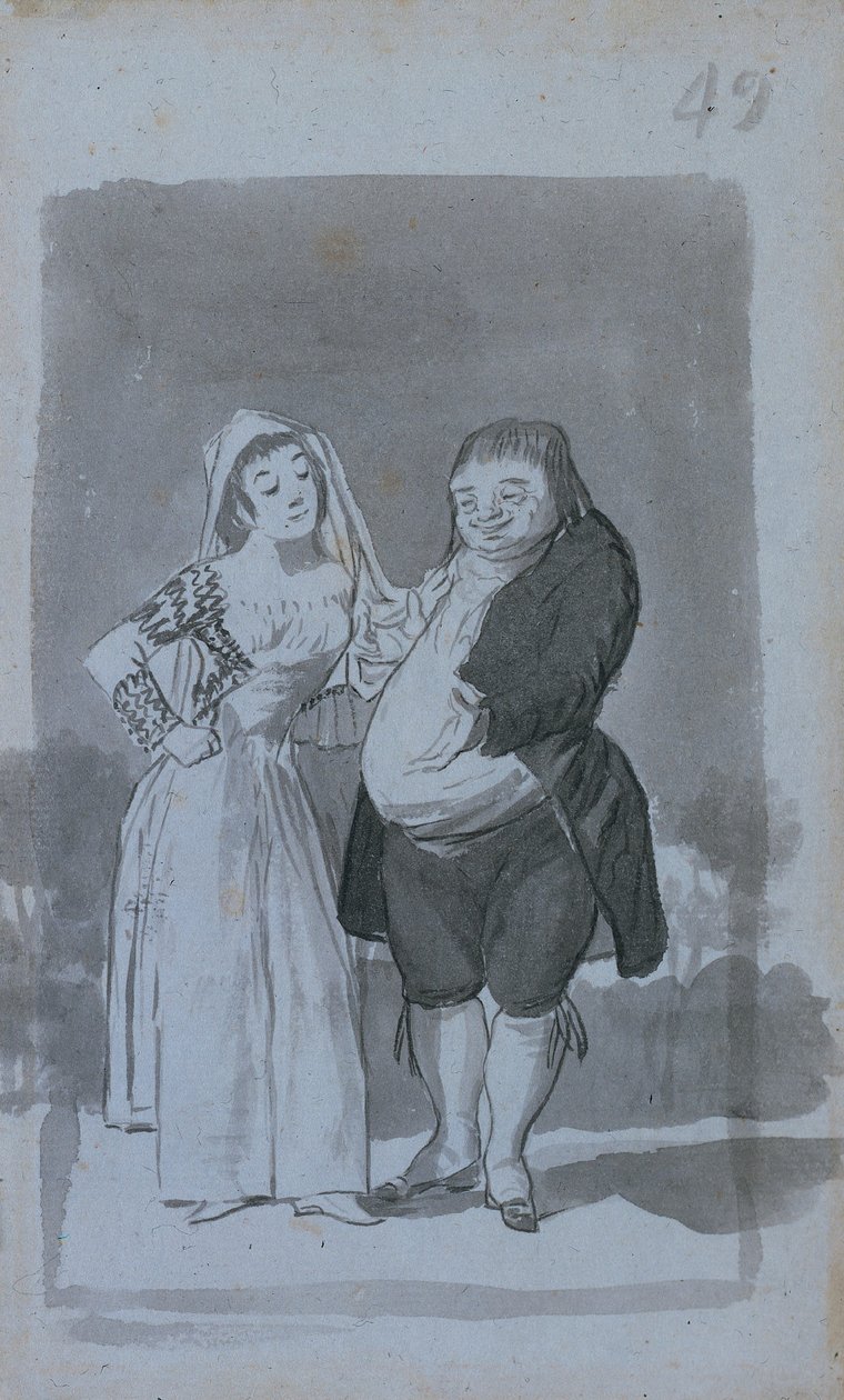 Prostituee die een dikke, lelijke man verleidt, recto, 1796-97 door Francisco de Goya