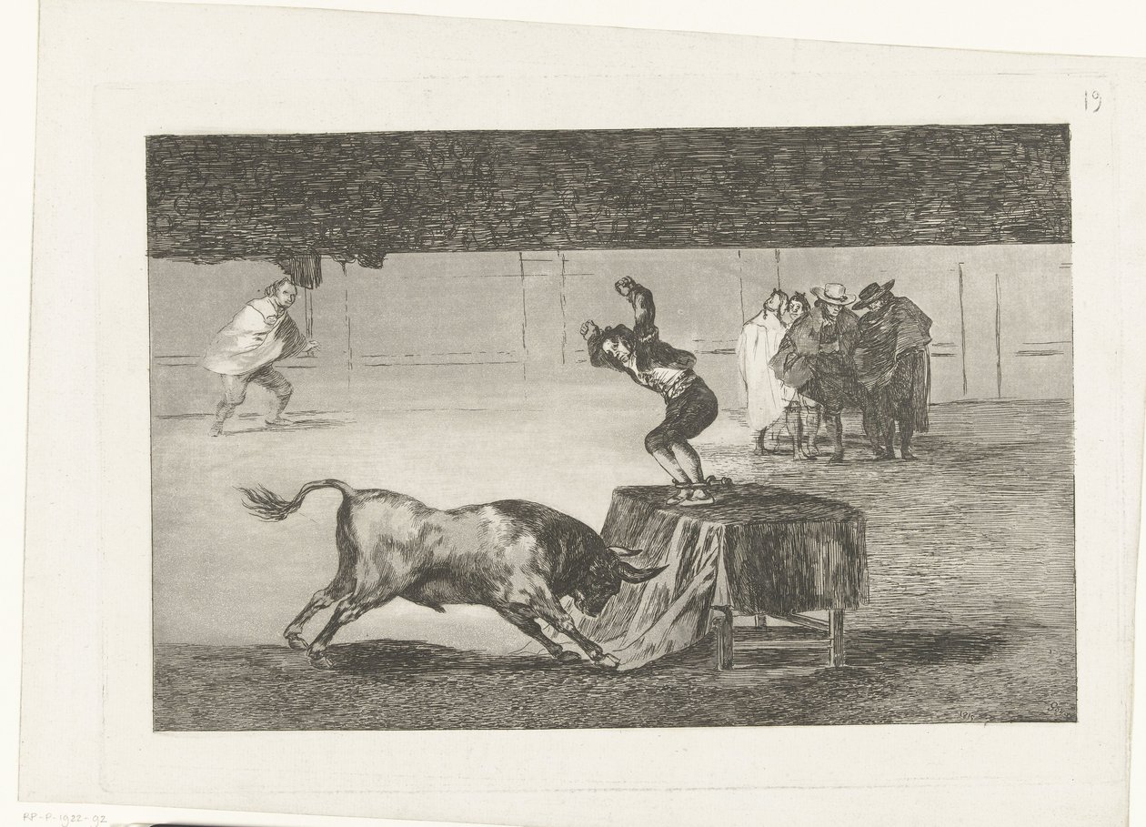 Stierenvechter staand op een tafel in een arena door Francisco de Goya