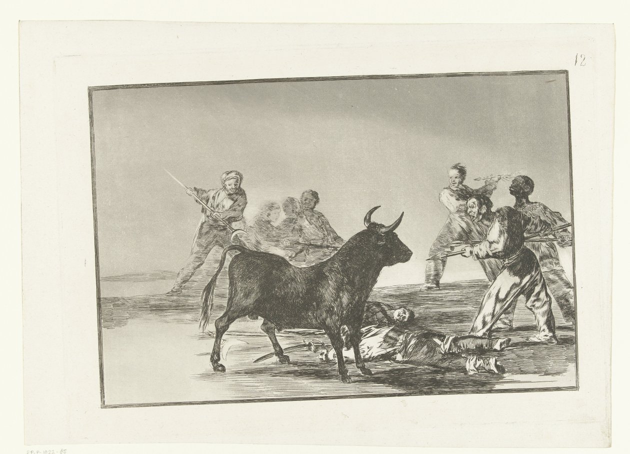 Stierenvechters rondom een stier door Francisco de Goya