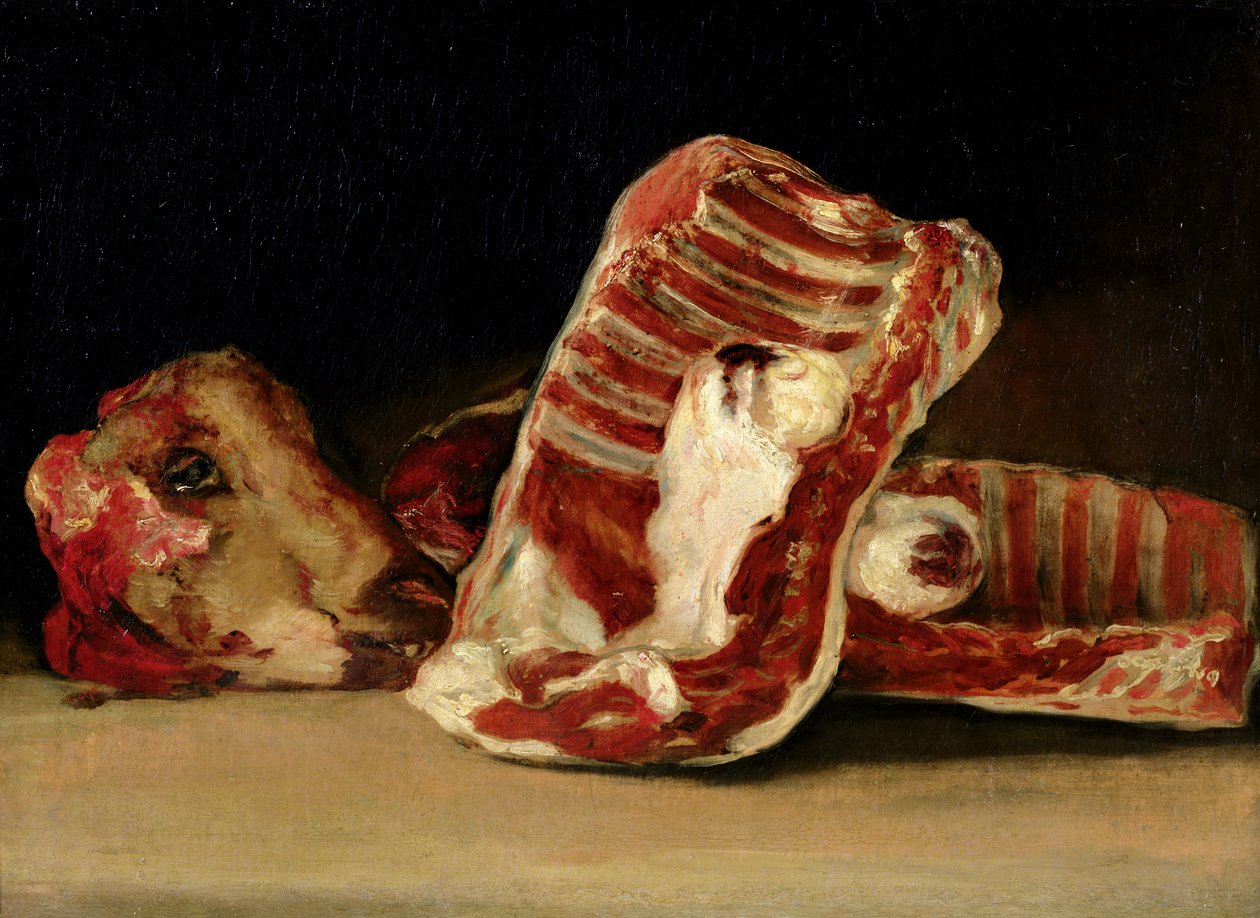 Stilleven van schapenribben en hoofd - De slagersbalie door Francisco de Goya