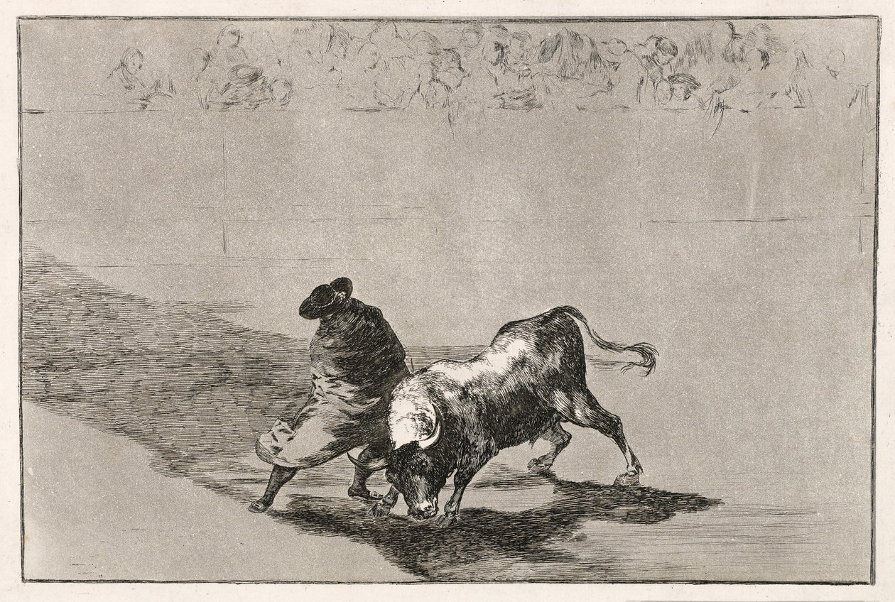 De slimme student van Falces maakt de stier boos door rond te bewegen gewikkeld in zijn mantel, 1814-16 door Francisco de Goya
