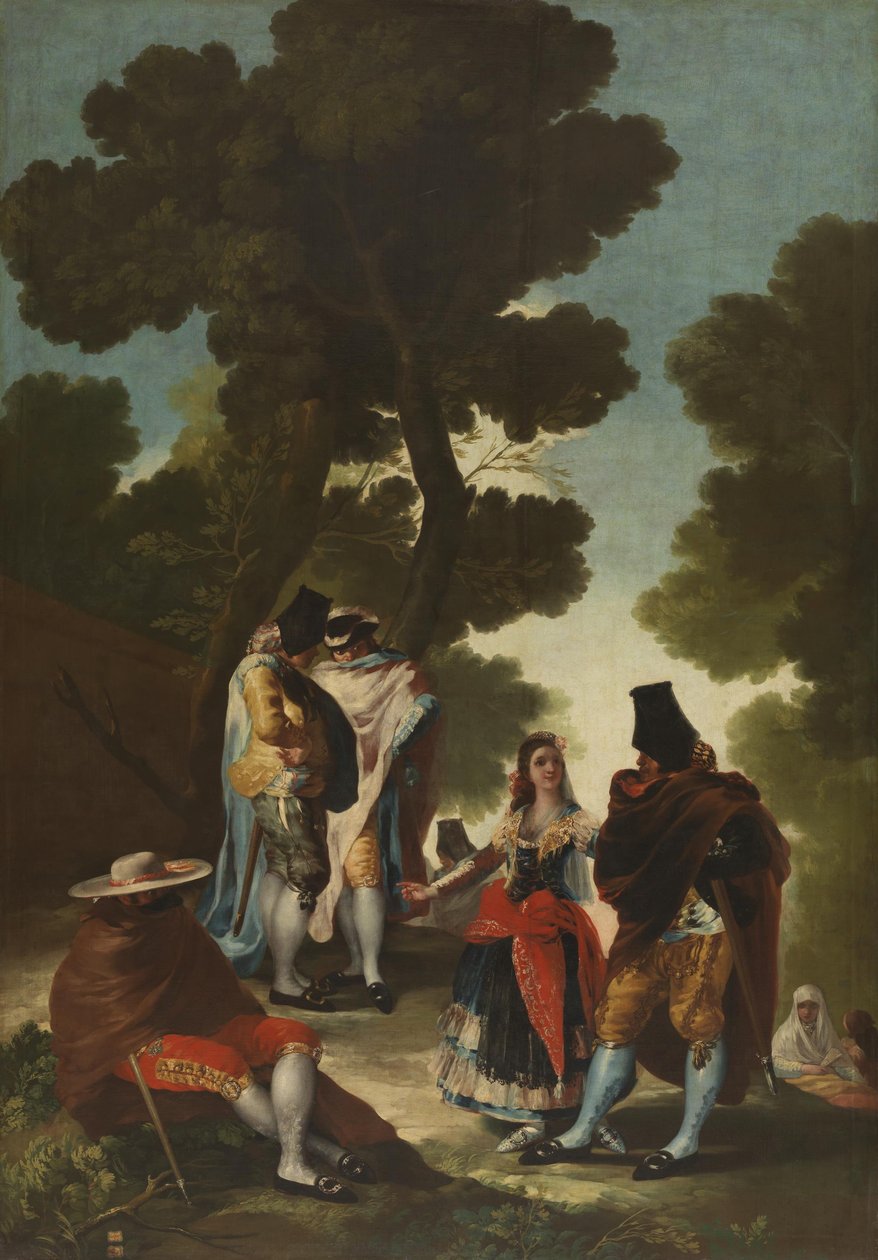 De mooie vrouw en de gemaskerde mannen (De weg van Andalusië) door Francisco de Goya