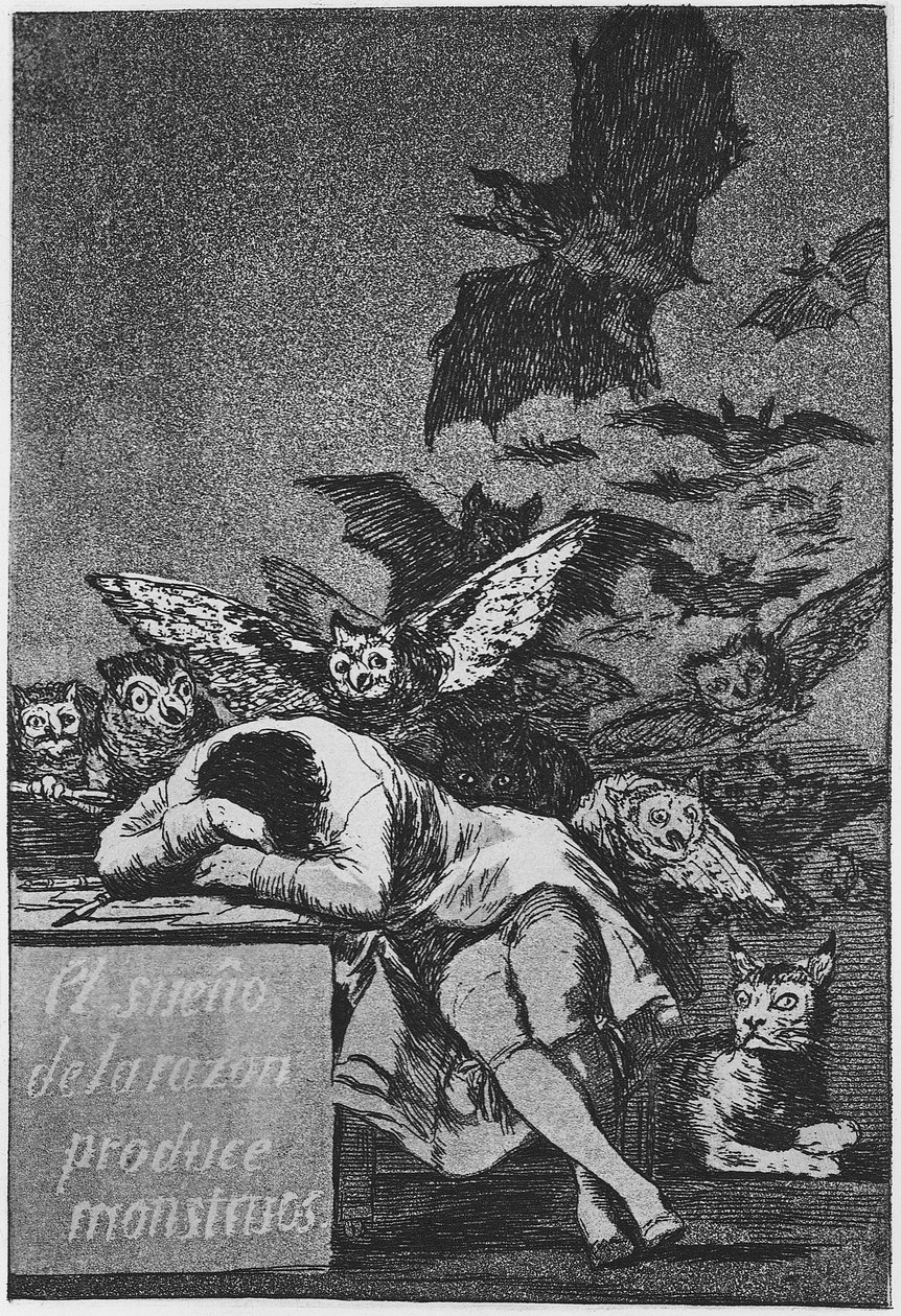 De Slaap van de Rede Produceert Monsters. Capricho Nr. 43, 1797-1798 door Francisco de Goya
