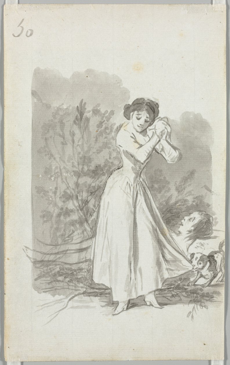Jonge Vrouw die Haar Handen Wringt boven het Naakte Lichaam van een Man (verso) door Francisco de Goya