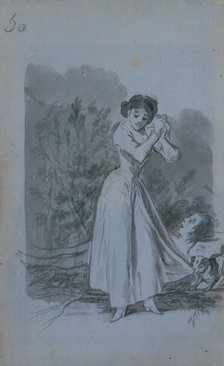 Jonge vrouw wringt haar handen boven het naakte lichaam van een man (verso) door Francisco de Goya