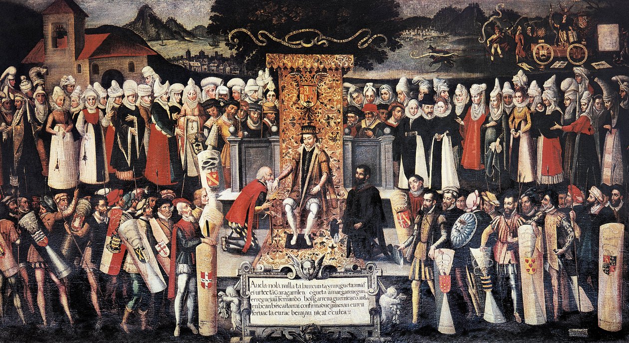 Ceremonie van handkus na de verklaring van privileges door koning Ferdinand de Katholiek (1452-1516) door Francisco de Mendieta y Retes