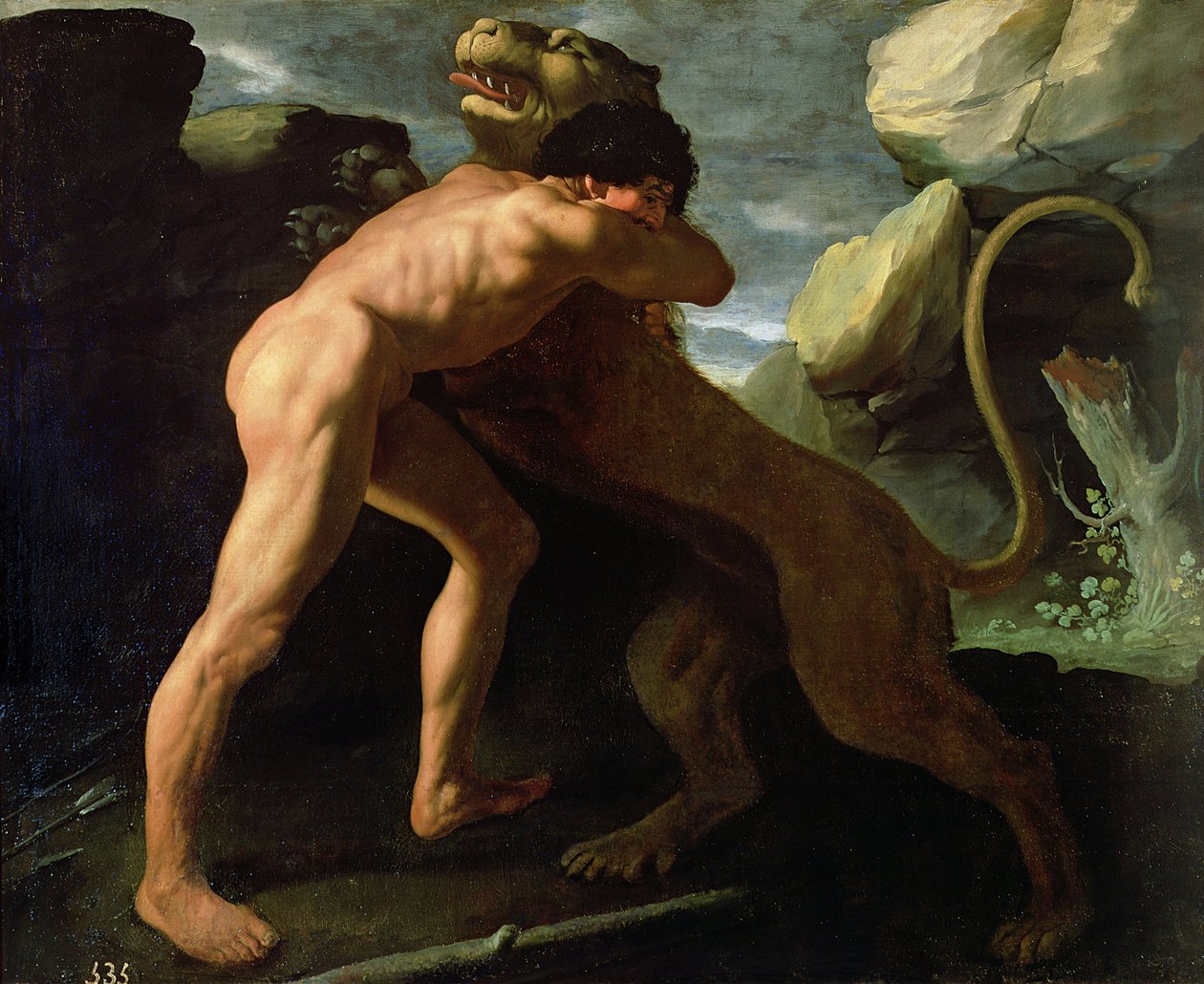 Hercules vecht met de Nemeïsche leeuw door Francisco de Zurbaran