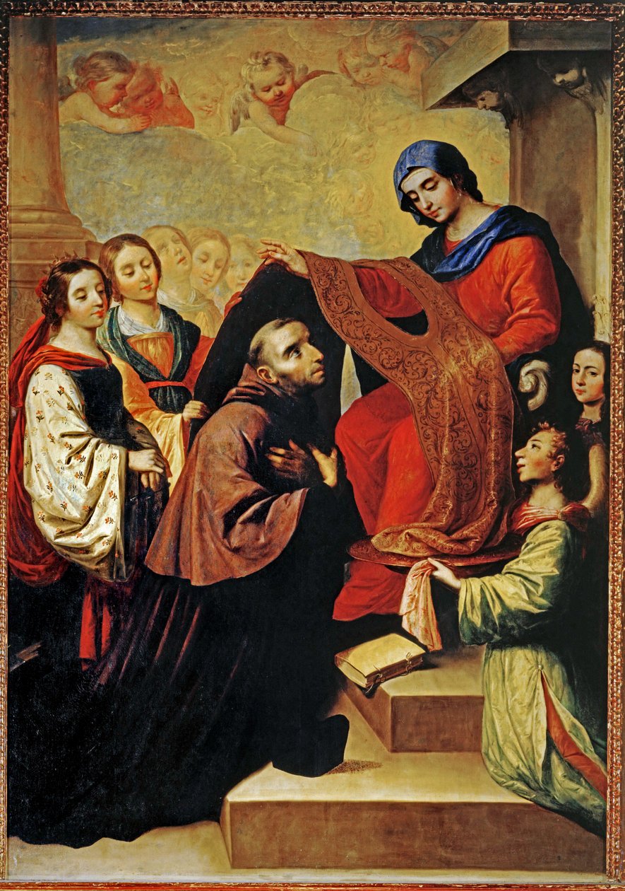 De nederdaling van Maria als beloning voor het schrijven van de heilige Ildefonso van Toledo ... (schilderij op doek) door Francisco de Zurbaran