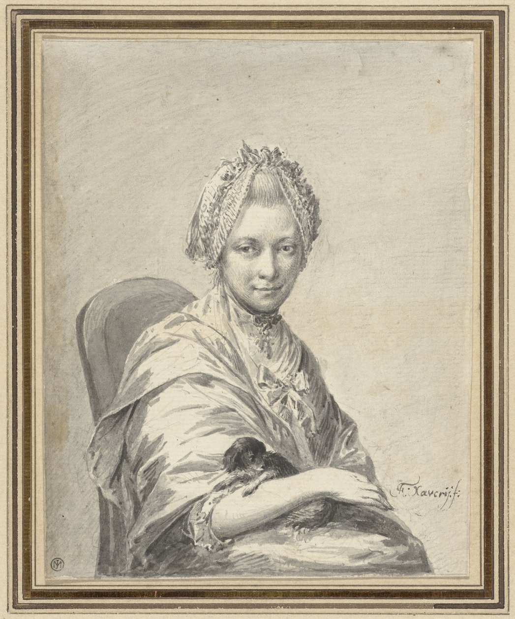 Portret van een jonge vrouw met een hondje door Franciscus Xaverius Xavery