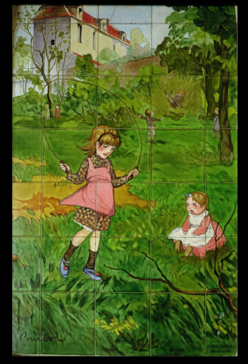 Tegels versierd met spelende kinderen in een tuin door Francisque Poulbot