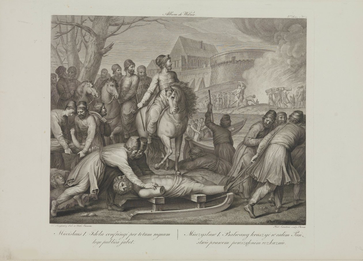 De vernietiging van heidense goden door Mieszko I van Polen door Smuglewicz, Franciszek (1745-1807). Lithografie, Eind 18e eeuw. Privécollectie door Franciszek Smuglewicz