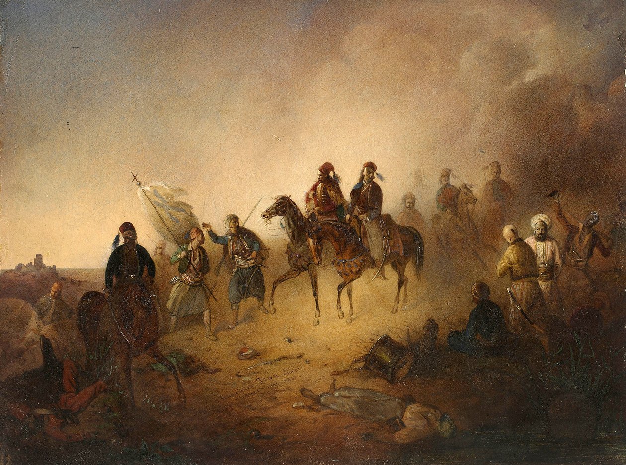 Markos Botzaris (ca. 1788-1823) bij de Slag om Karpenisi, in de nacht van 8 augustus door Franciszek Tomasz Tepa