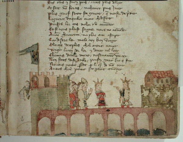 Een ontmoeting op een brug, uit De oorlog van Attila door Nicola da Casola door Franco Italian School