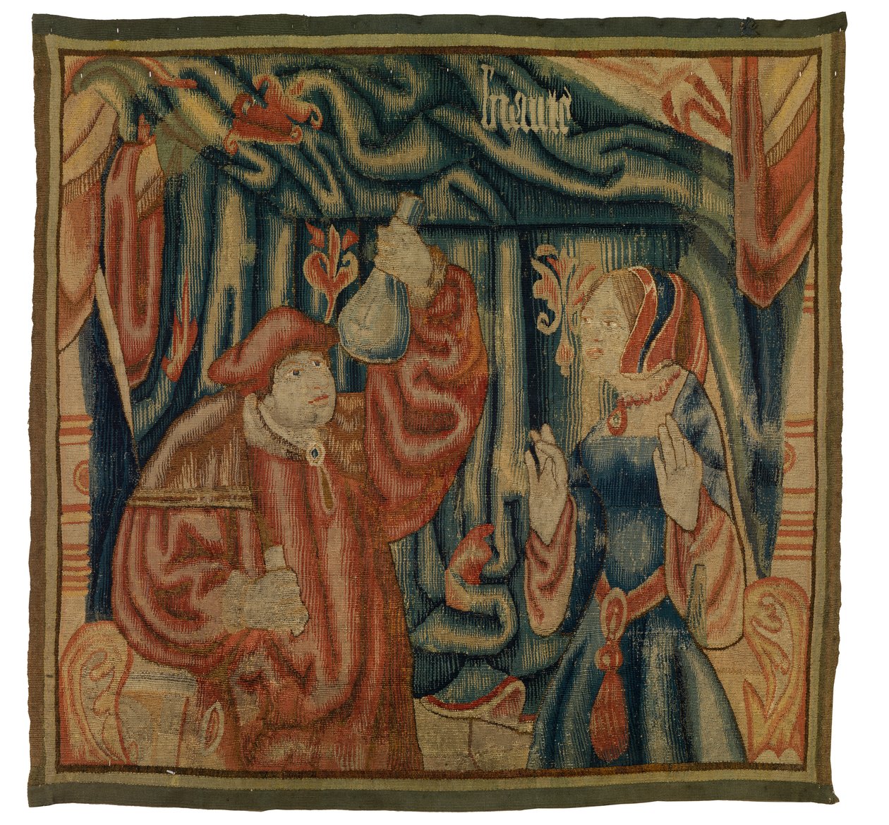 Tapijtfragment met interieur met arts en vrouw, Beaute, Frans of Vlaams, gemaakt in begin 16e eeuw door Franco Flemish School